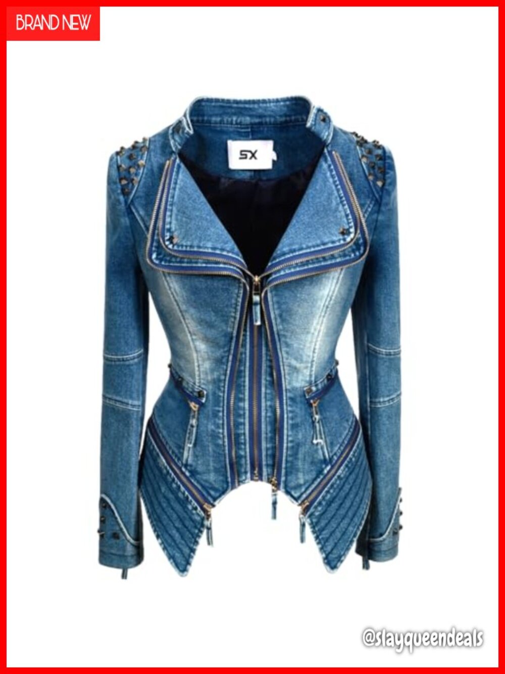 Faux Leather Zipper Moto Biker Denim Jacket Studded Moto Coat